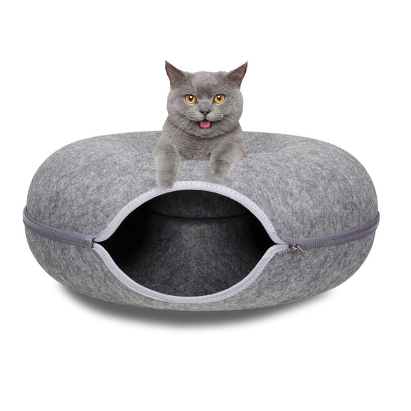 Cat Tunnel Bed Felt Pet Puppy Nest Cave House Round Donut Interactive Play Toy 26823